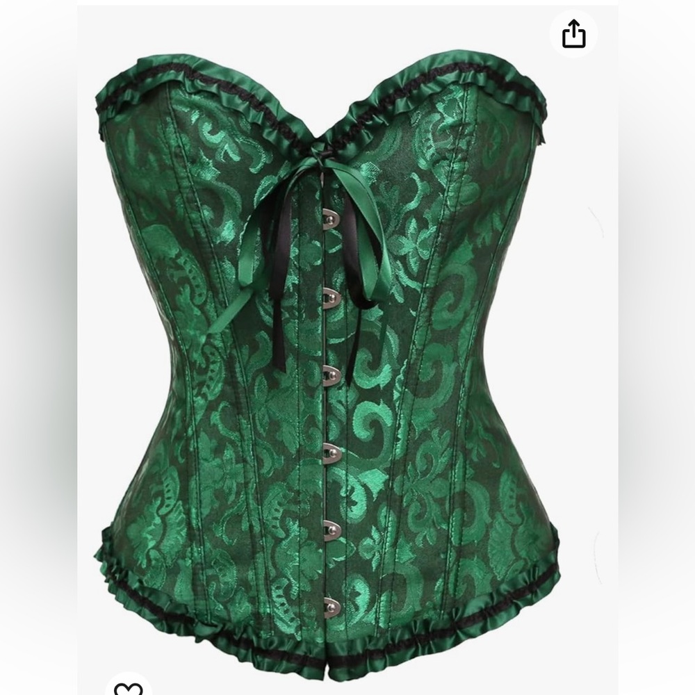 Goth Green Floral Satin Overbust Romantic Fairycore Whimsigoth Corset XS
